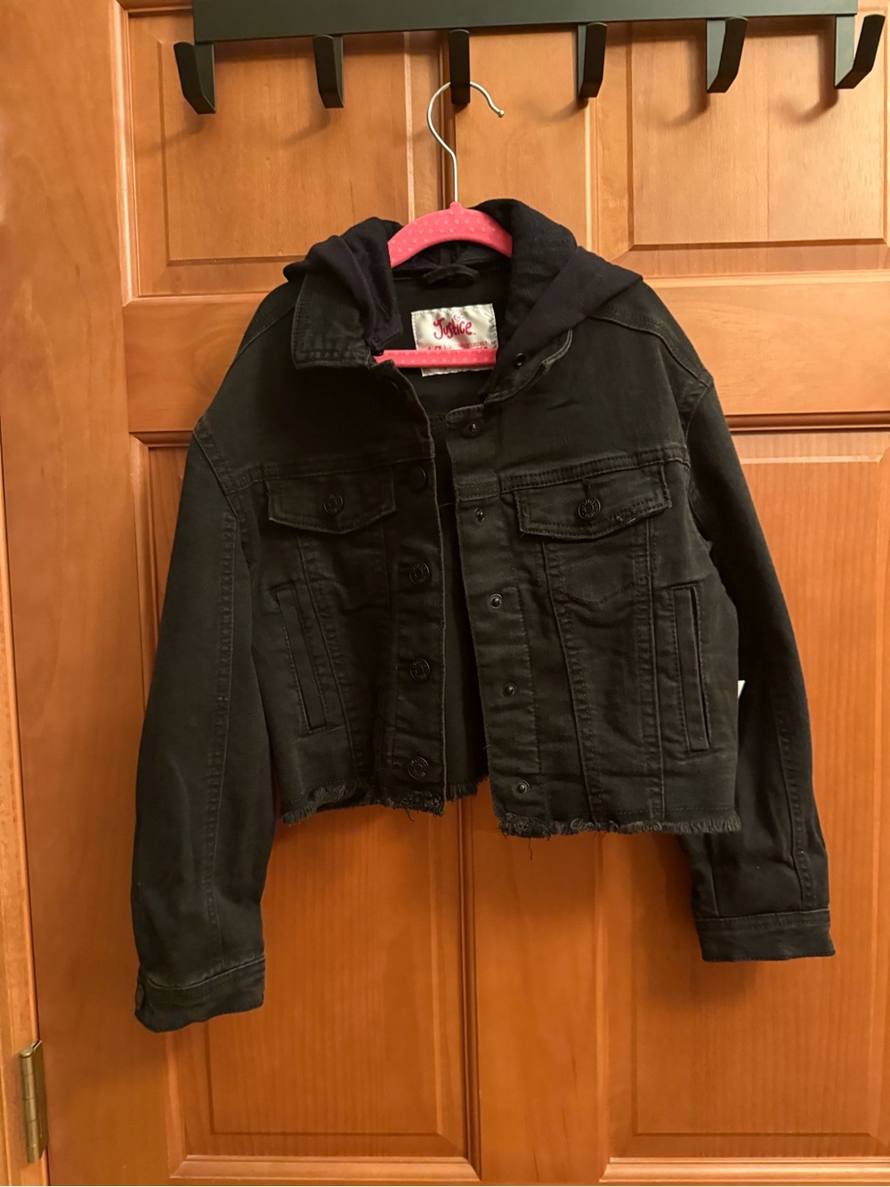 Justice Black Hooded Cropped Denim Jacket